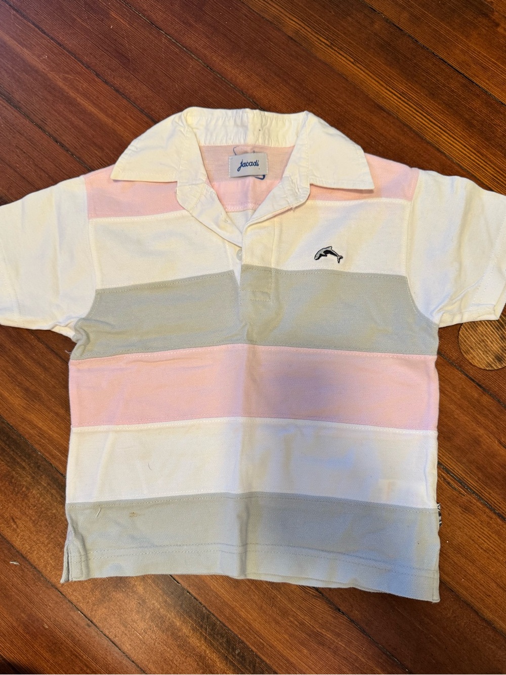 Jacadi Pink, White & Light Gray Striped Polo